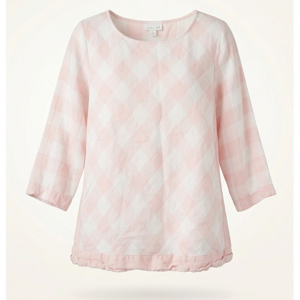 J. Jill Love Linen M Pink White Gingham Check Ruffle Hem Top Medium Flirty
